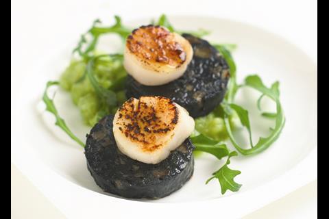 The Big Prawn Company’s squid and apple black pudding with scallops and minted pea purée is a posh convenience food